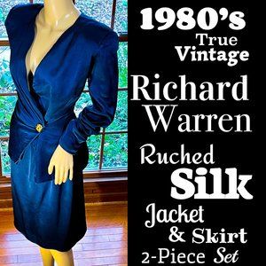 ▪️VTG▪️RICHARD WARREN▪️Retro Ruched Silk Midnight Blue Jacket Skirt 2-Piece Set